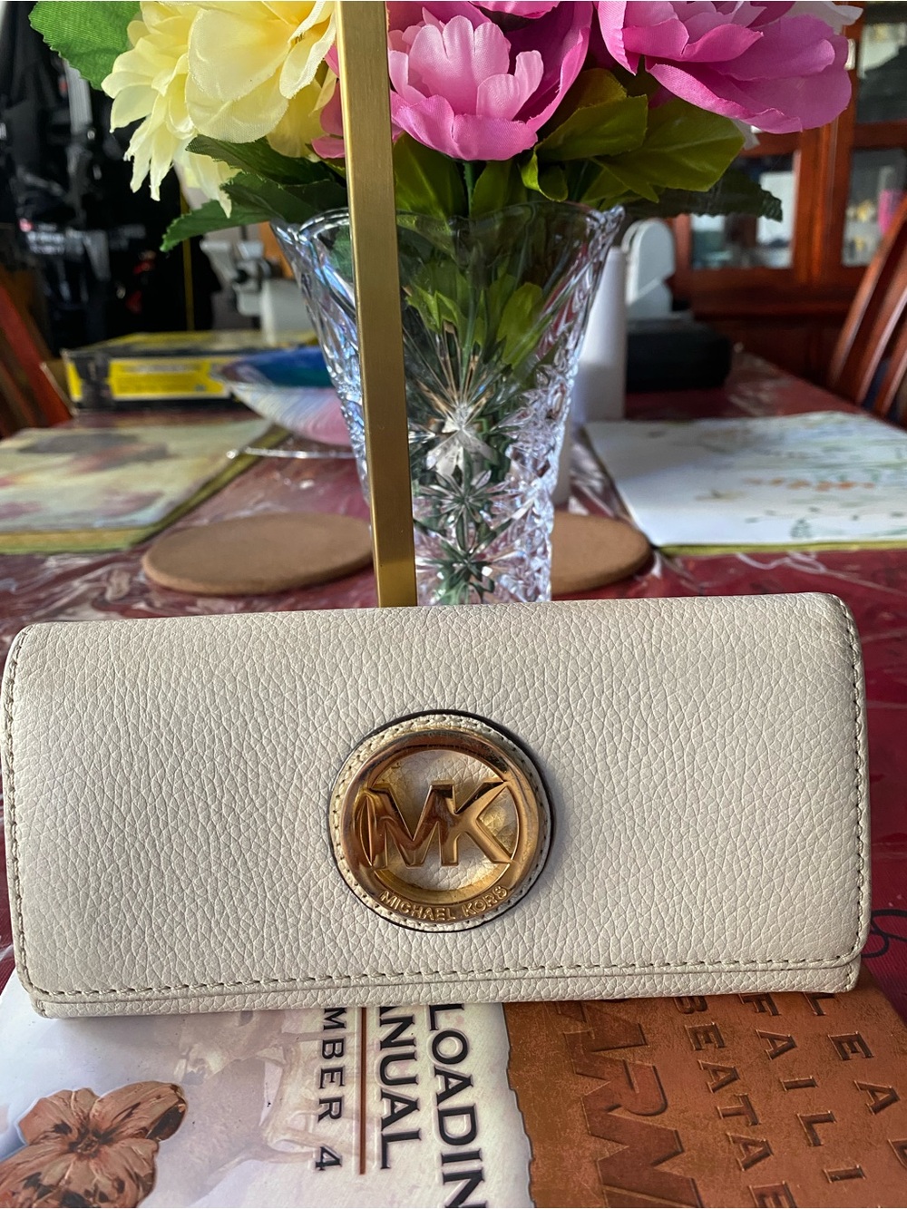 Michael Kors Cream Leather Wallet with Gold MK Medallion